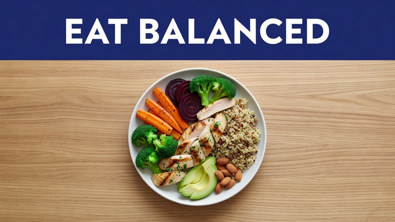 A top-down view of a plate with colorful vegetables, protein, and grains on a wooden table.