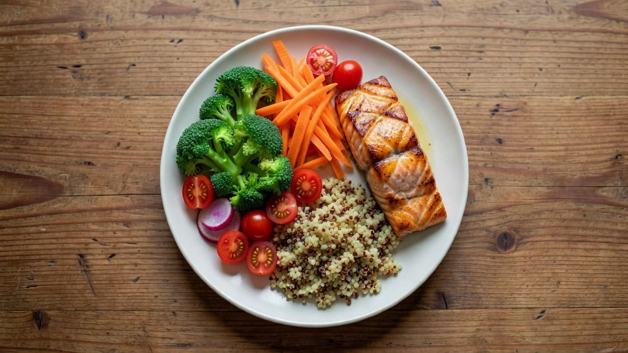 An overhead view of a healthy meal with salmon, vegetables, and quinoa on a wooden table.