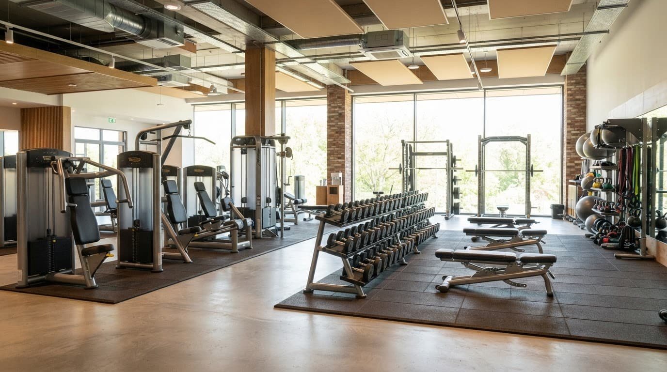 An empty gym with clean weight machines and dumbbells near large sunny windows.