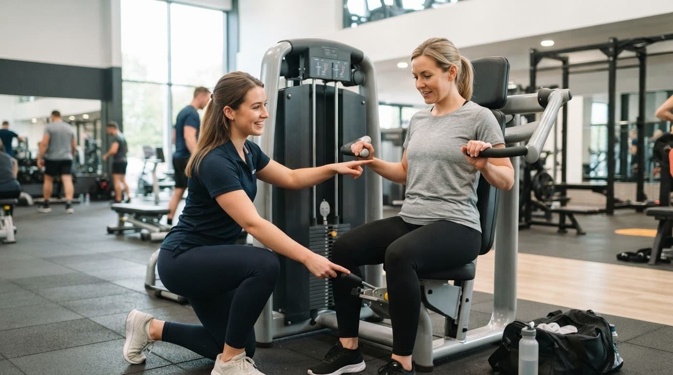 A friendly gym employee helping a beginner adjust a seated chest press machine.