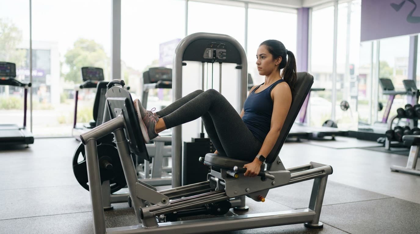 A beginner using a seated leg press machine in a brightly lit modern gym.