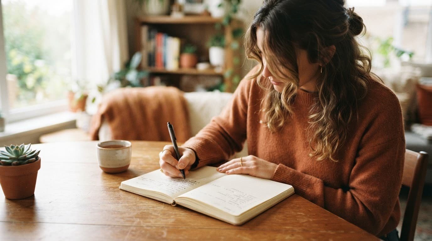 A person writing in a notebook at a tidy wooden table in soft daylight.