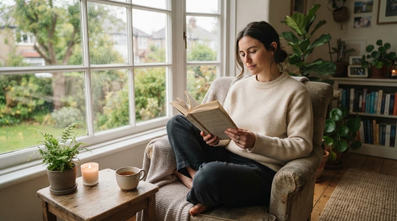 A person reads an open book beside a sunlit window.