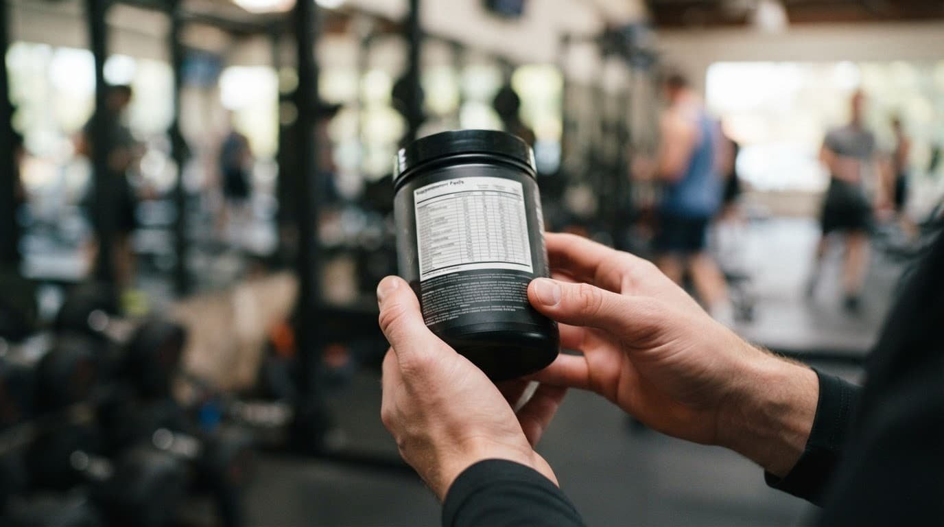 Hands hold a supplement tub while checking its back label in a gym.