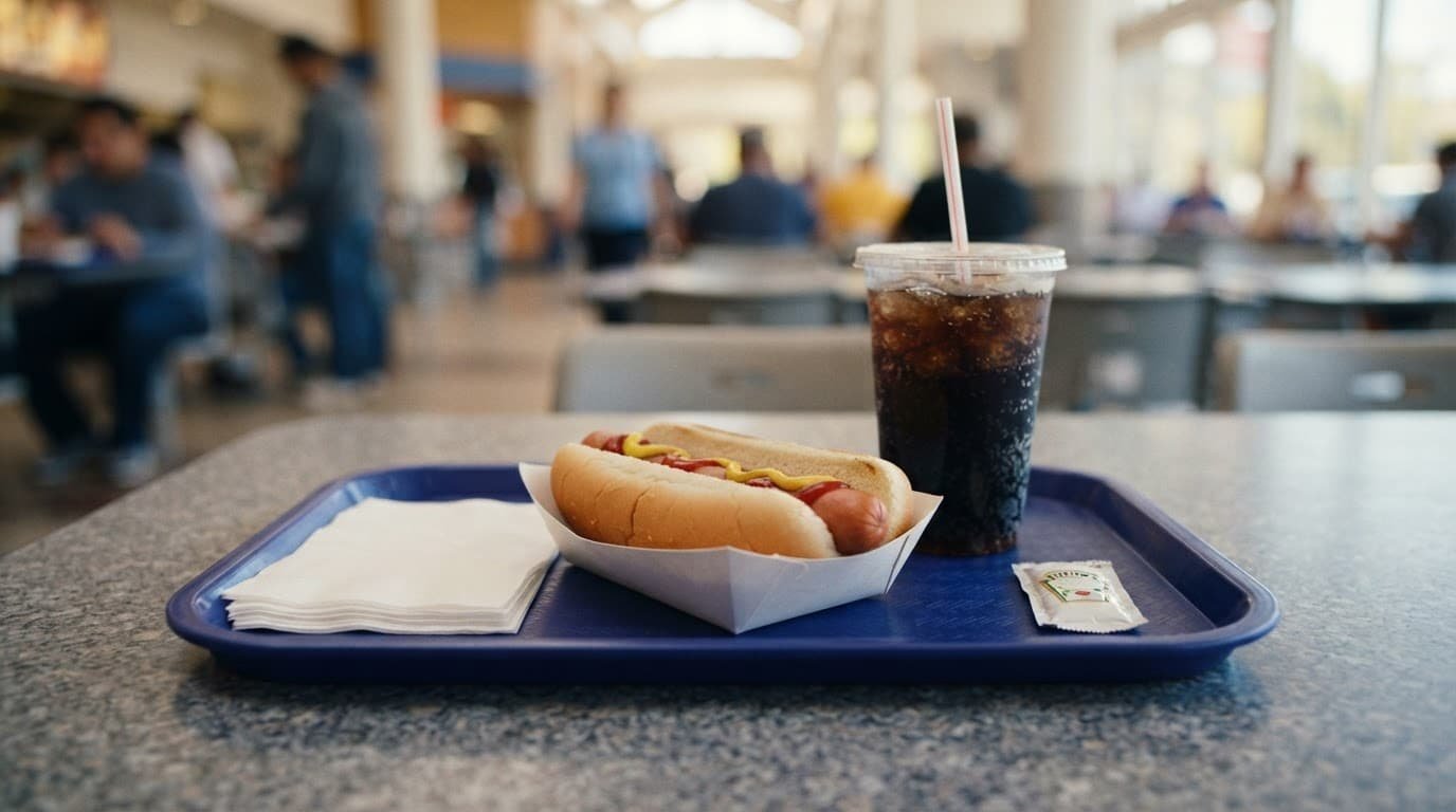 A hot dog and a drink cup on a food tray.