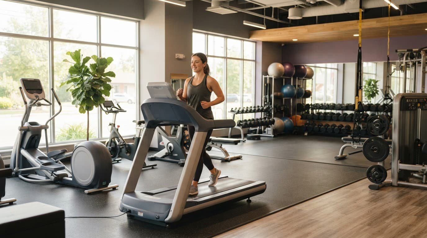 A person using modern gym equipment in a bright, sunlit fitness space.