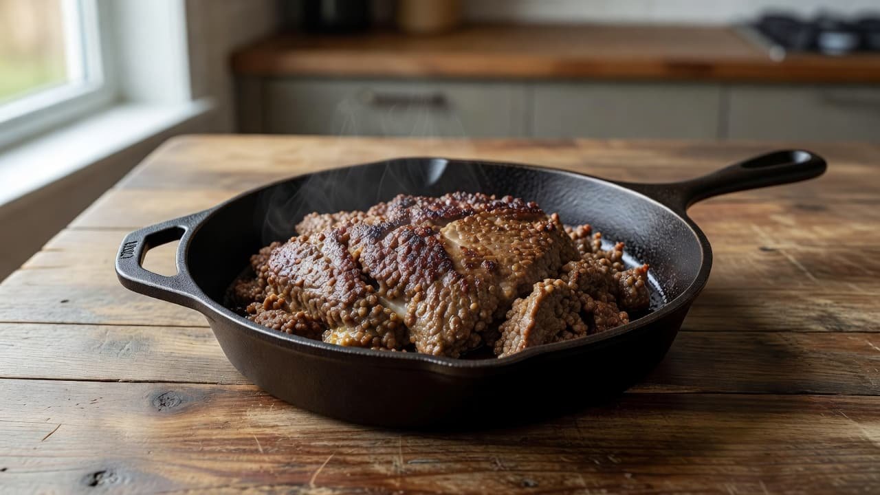 Cooked lean ground beef in a skillet on a wooden kitchen counter.