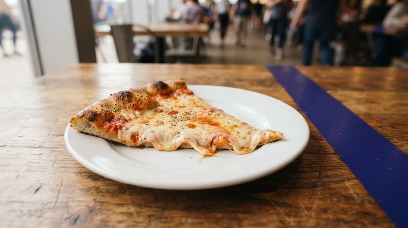 A single slice of pizza on a plate resting on a wooden table.
