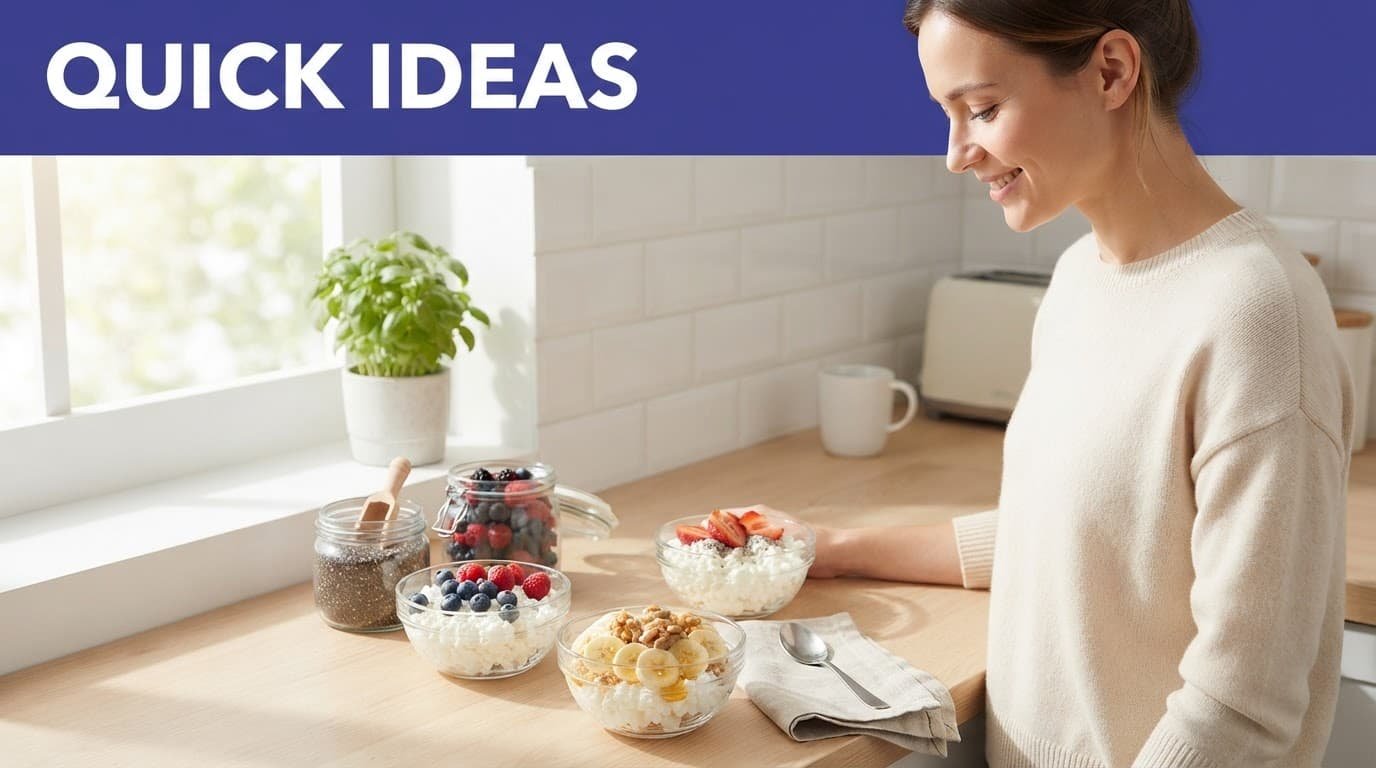 Cottage cheese bowls with fruit and chia seeds on a bright kitchen counter.