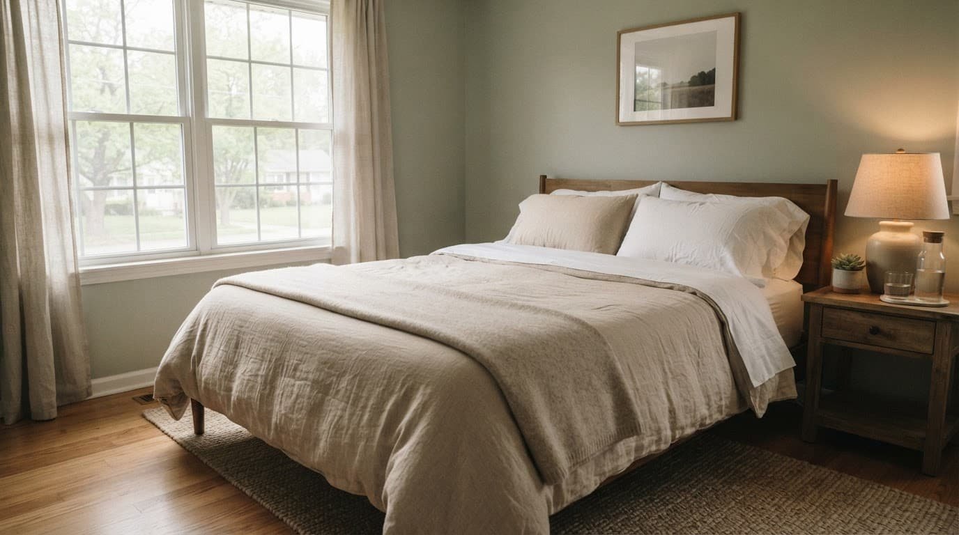 A neatly made bed in a bedroom filled with soft morning light.