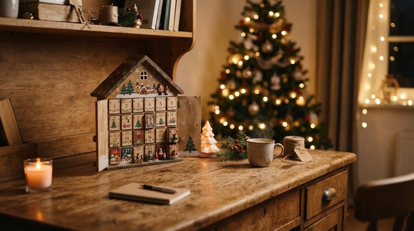 A wooden desk with a holiday advent calendar and glowing fairy lights in the background.