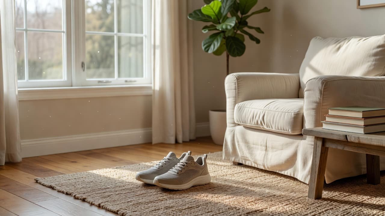 A pair of clean walking shoes resting by a sunny window in a quiet living room.