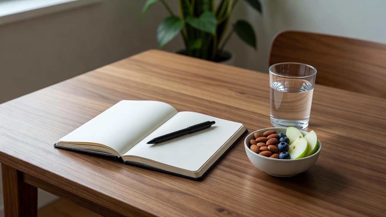 An organized wooden desk with a planner, glass of water, and a healthy snack.