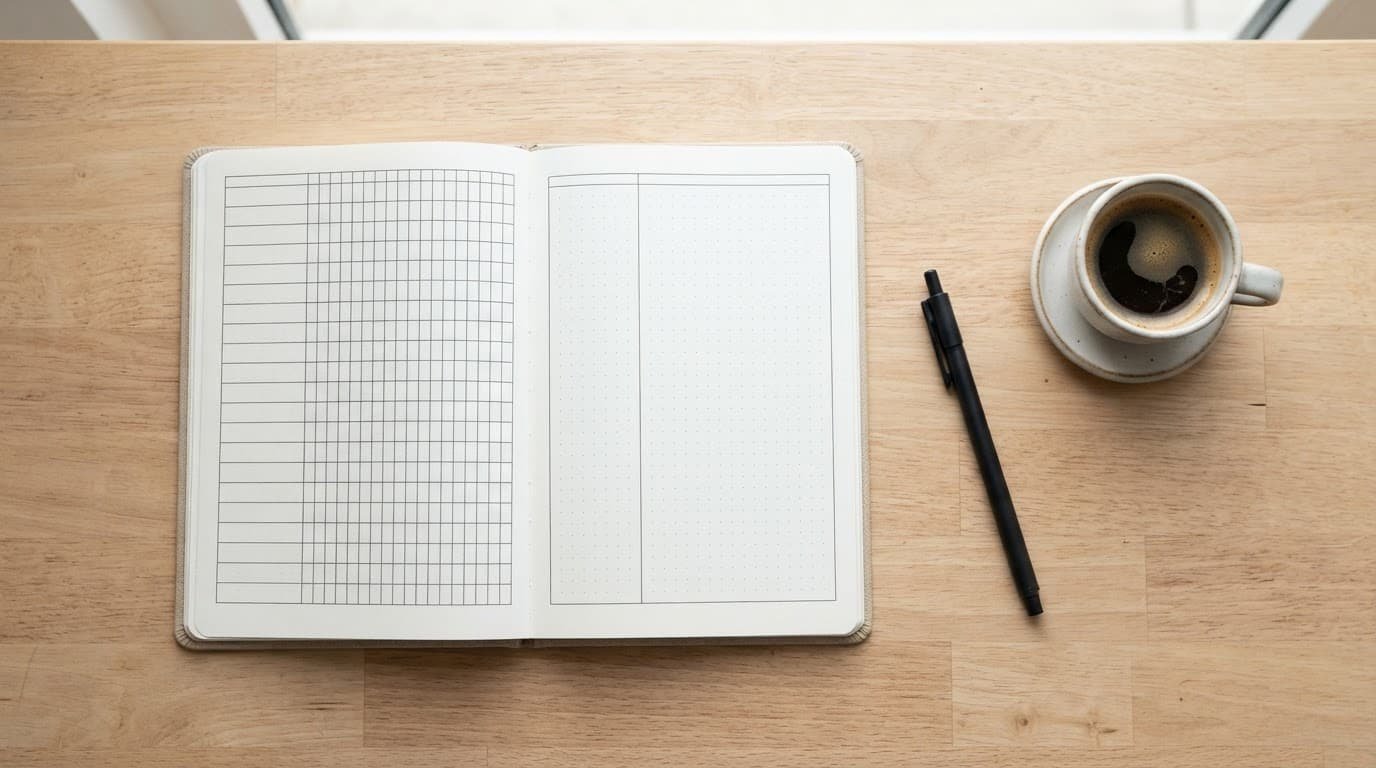 An open habit journal with a black pen and coffee on a sunlit wooden desk.