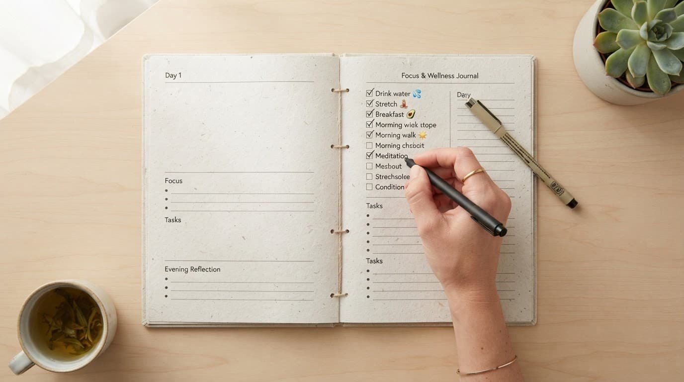 A recycled-paper planner with daily checklists sits in soft morning light.