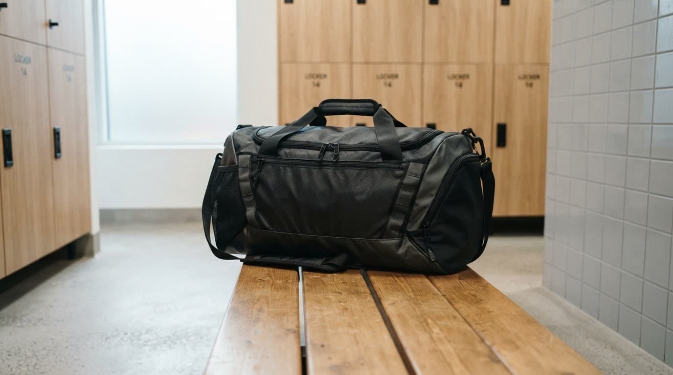 Black and grey gym duffel bag on a wooden bench in a modern locker room.