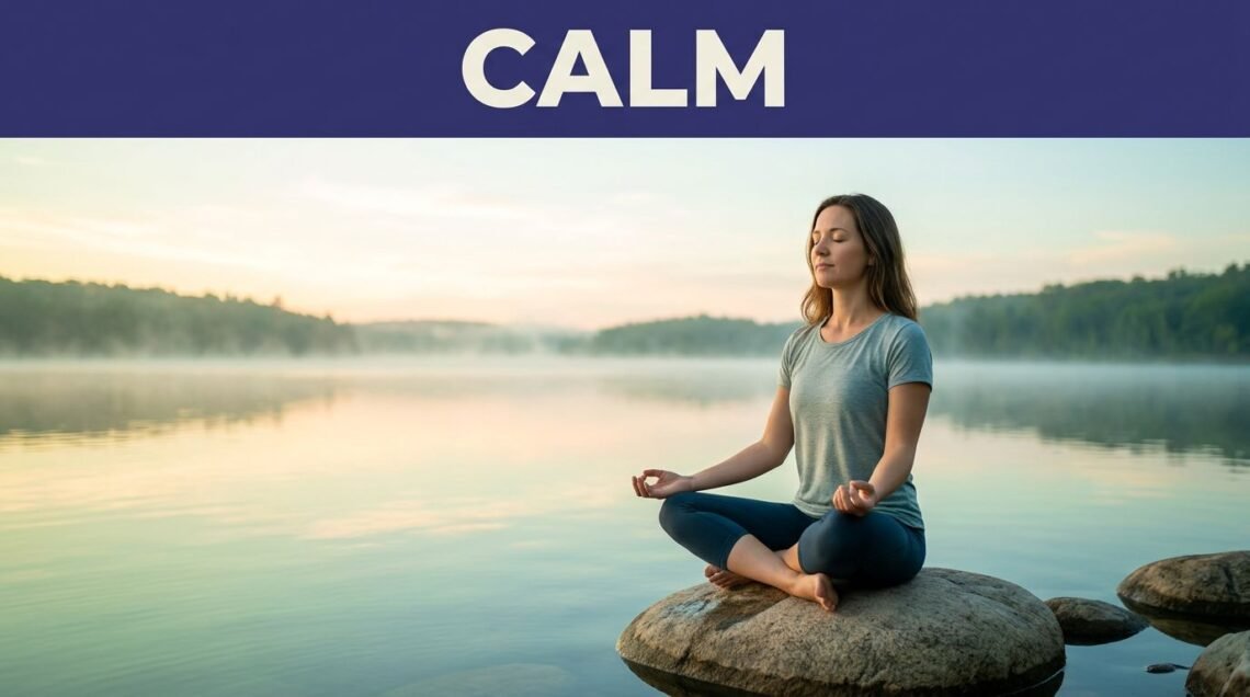 Woman meditating on a stone beside a misty lake at sunrise.