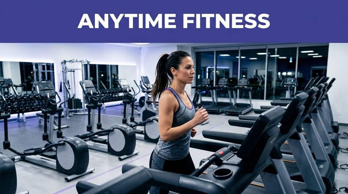 A woman runs on a treadmill inside a modern, well-lit fitness center at night.