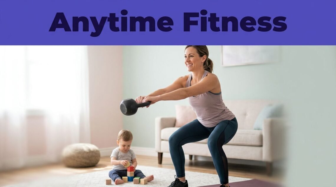 A mother works out with a kettlebell in her living room while her toddler plays.