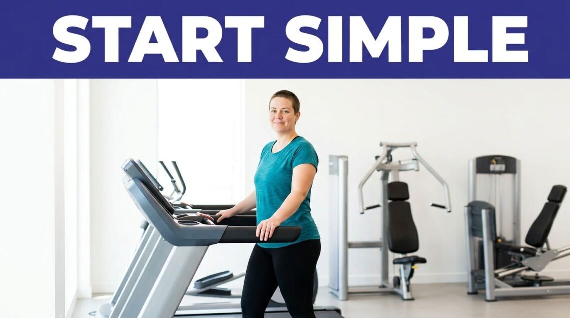 A smiling woman in athletic wear holding onto treadmill handlebars inside a bright gym.