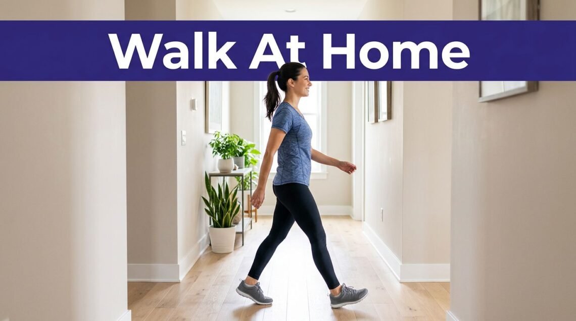 A smiling woman in athletic clothes walking down a bright indoor hallway.