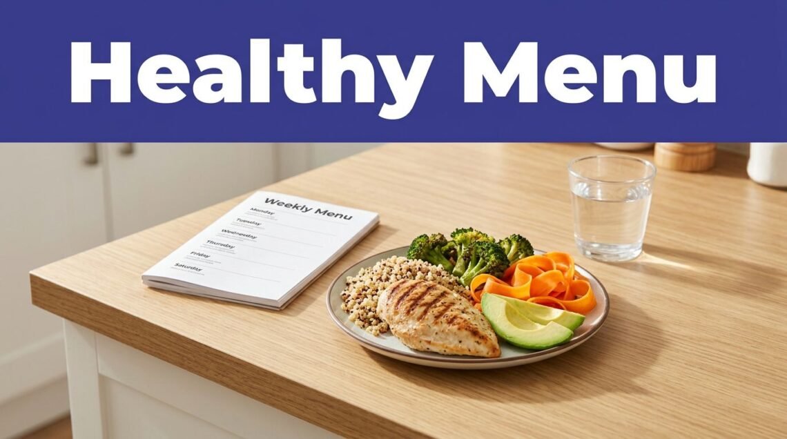 A plated meal of chicken, quinoa, and vegetables next to a notebook on a wooden counter.