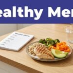 A plated meal of chicken, quinoa, and vegetables next to a notebook on a wooden counter.