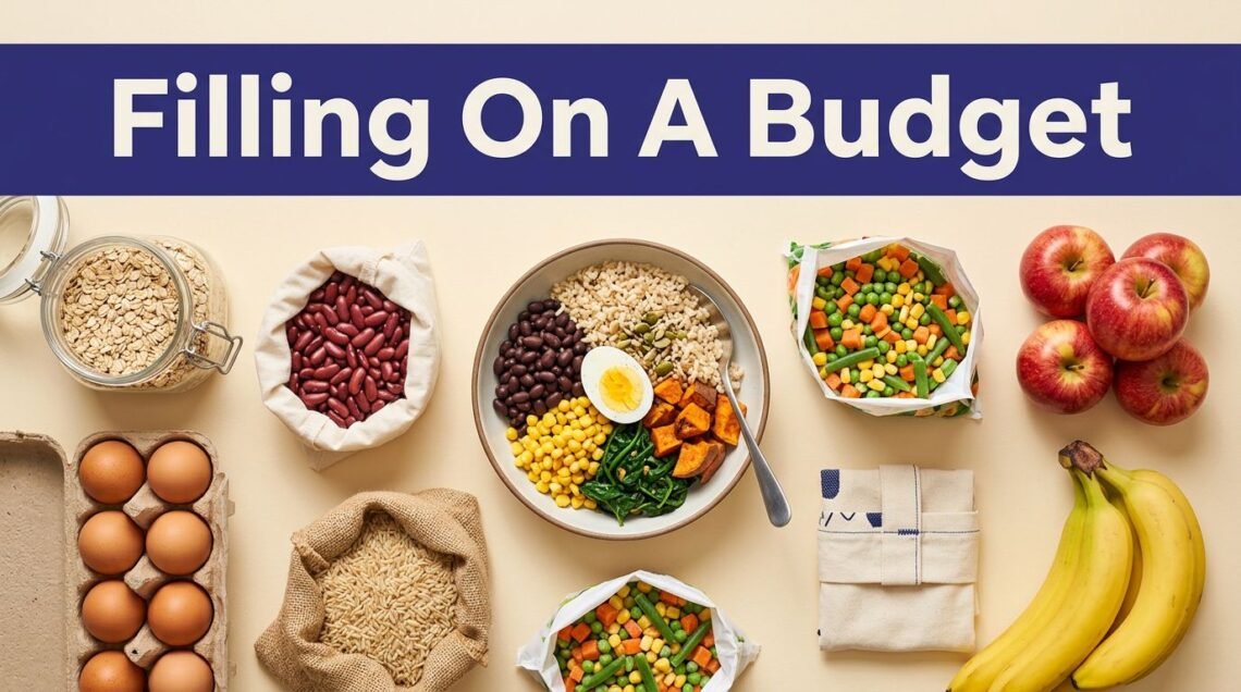 An overhead view of budget groceries and a healthy meal bowl on a cream background.