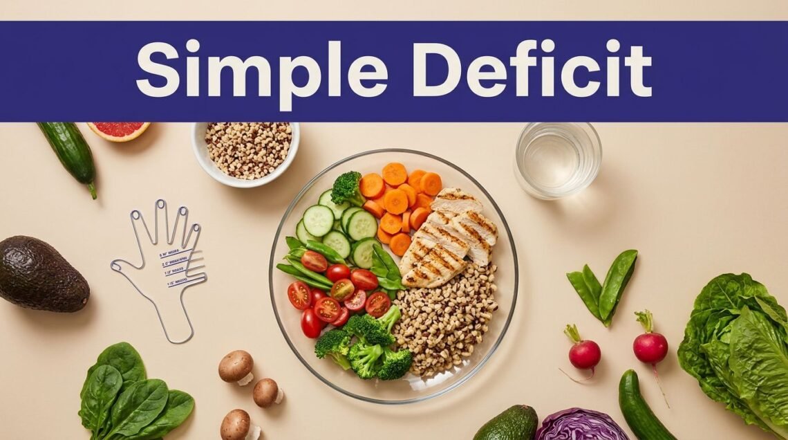 An overhead view of a healthy balanced plate with vegetables, protein, and grains next to fresh food.