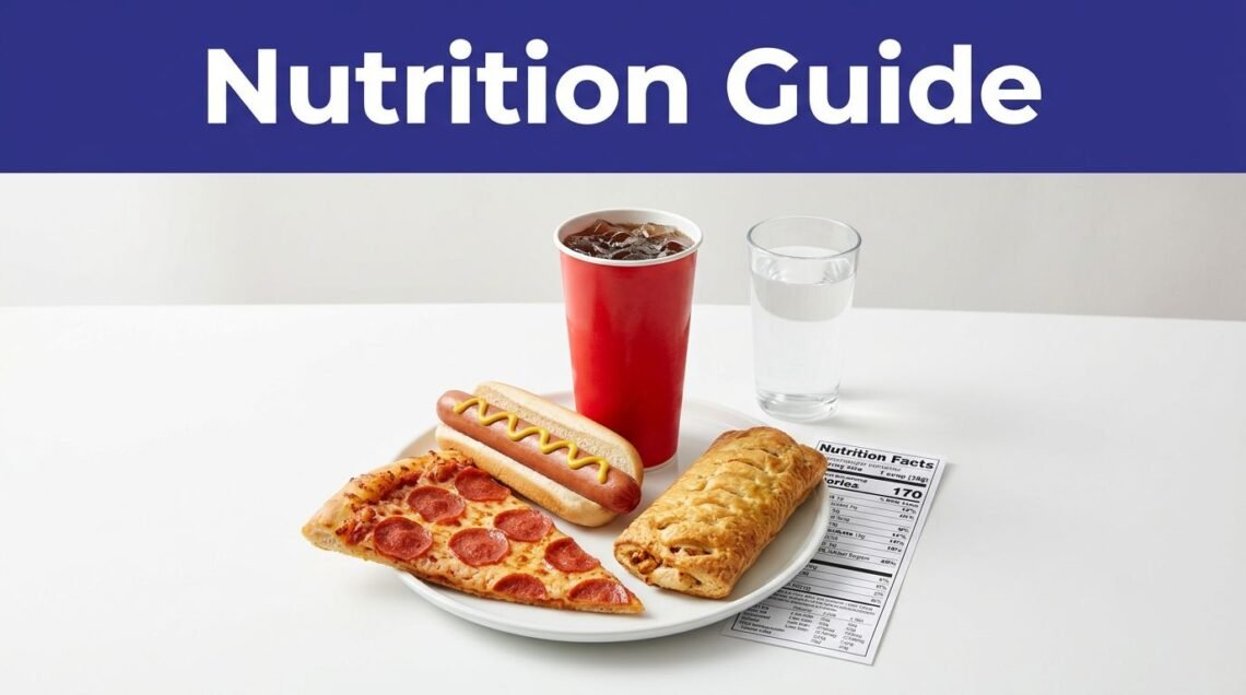 Costco food court items and a nutrition label displayed on a tabletop.