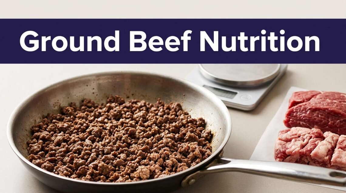 A skillet of cooked ground beef with a kitchen scale and raw portions on a counter.