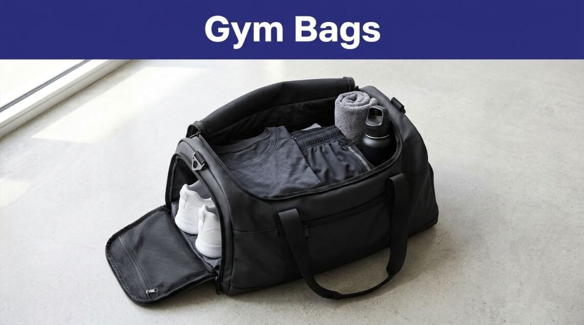 An open black gym bag holds clothes, white sneakers, a towel, and a water bottle.