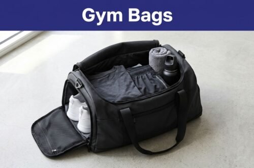 An open black gym bag holds clothes, white sneakers, a towel, and a water bottle.