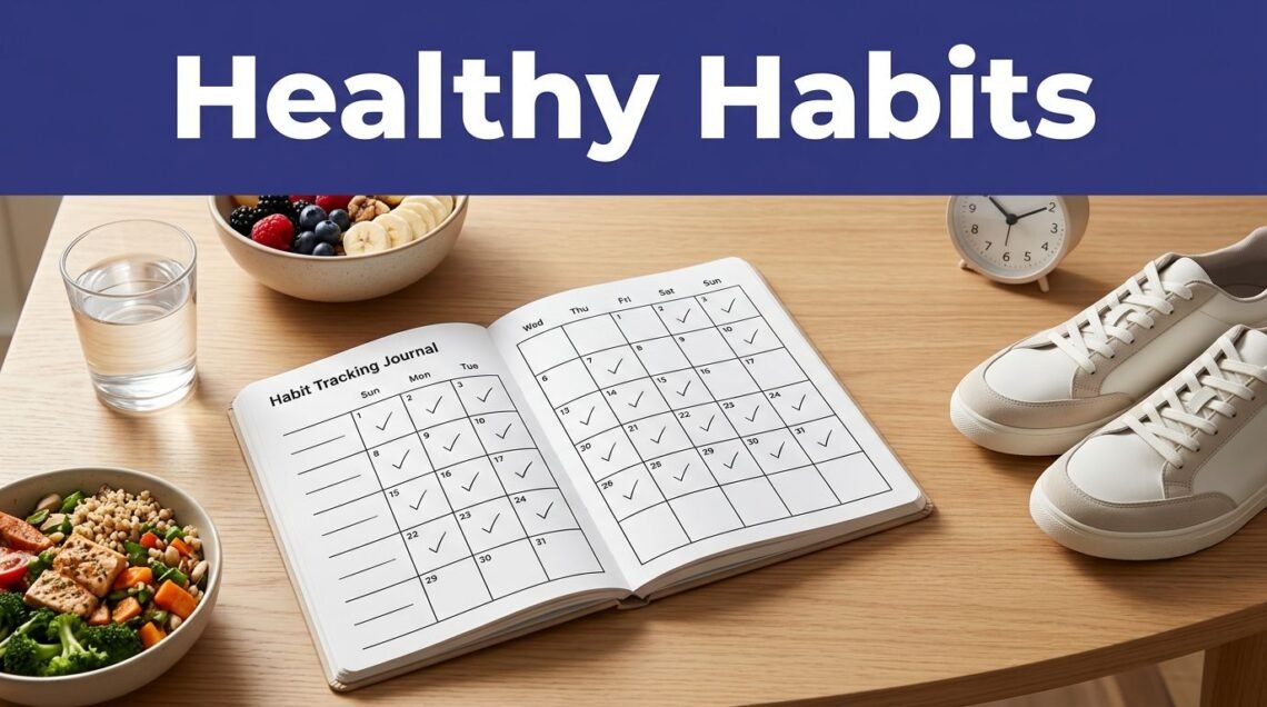 An open 30-day habit journal sits beside water, fruit, a meal bowl, sneakers, and a clock.