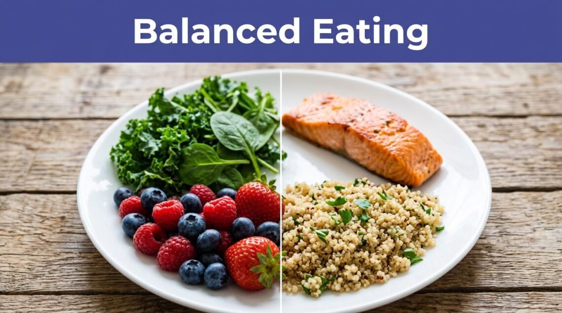 A divided plate of salmon, greens, quinoa, and berries on a wooden table.