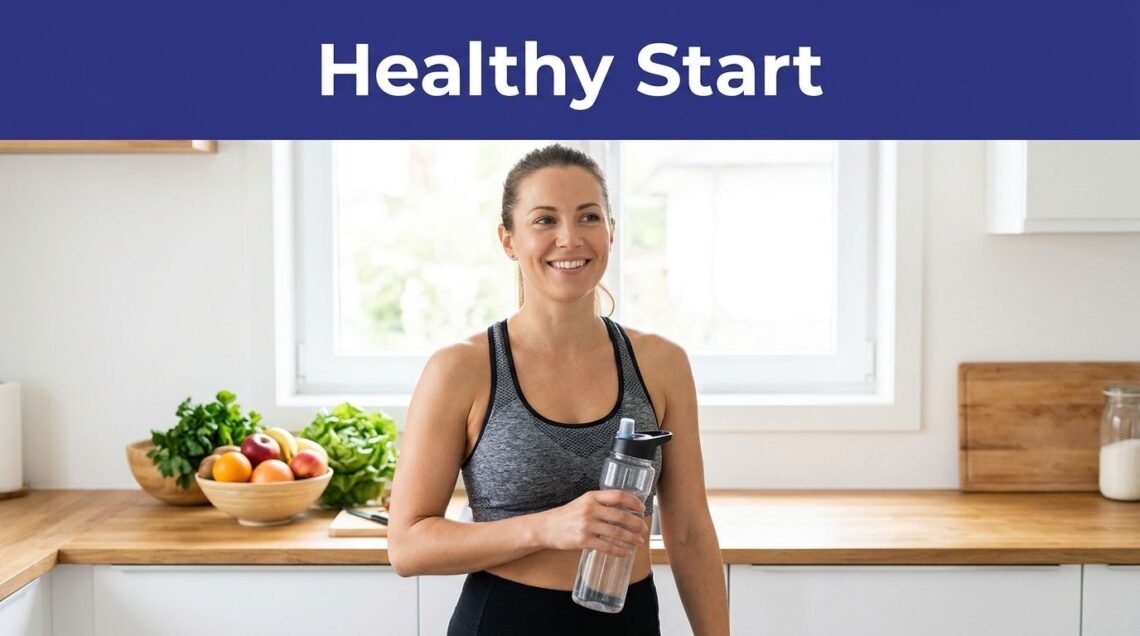 A woman in athletic wear holding a water bottle in a bright kitchen with fresh fruit.