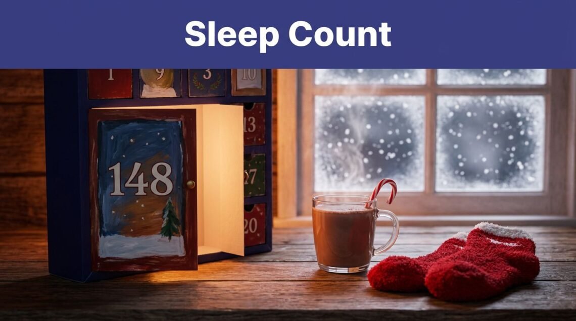 An Advent calendar showing 148, cocoa, and holiday socks on a table by a snowy window.