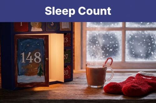 An Advent calendar showing 148, cocoa, and holiday socks on a table by a snowy window.