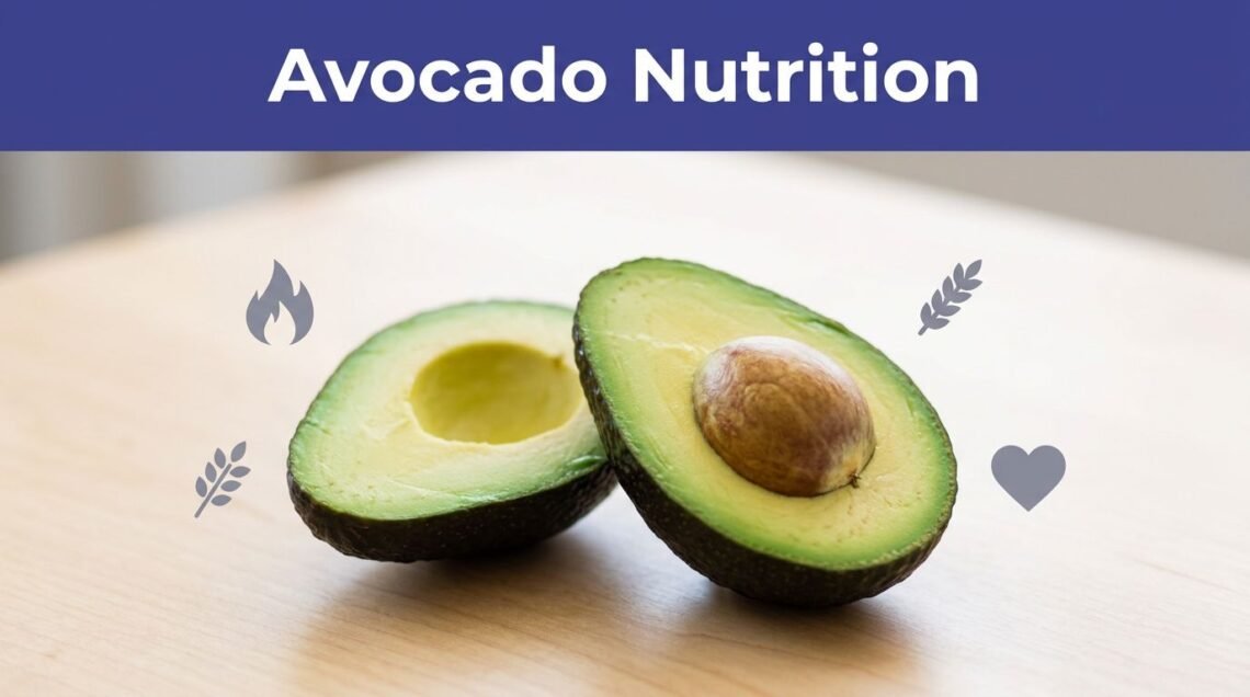 An avocado cut in half on wood with nutrition icons and an indigo title banner.