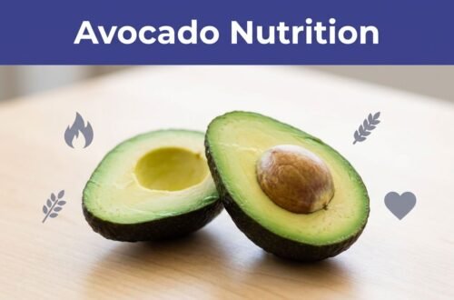 An avocado cut in half on wood with nutrition icons and an indigo title banner.