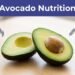 An avocado cut in half on wood with nutrition icons and an indigo title banner.