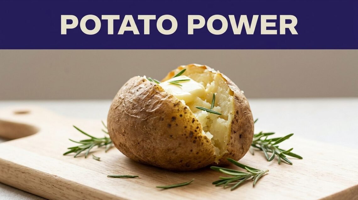 A split baked potato with melting butter and rosemary on a wooden board.
