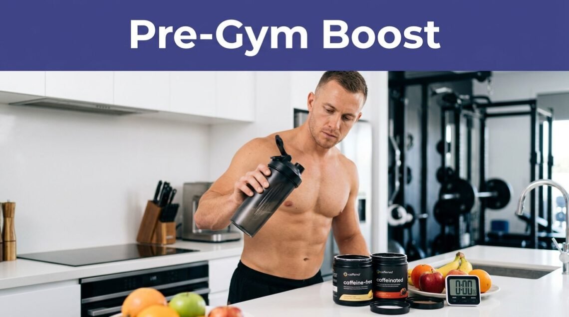 Athlete holding a shaker beside supplements, fruit, and a timer.