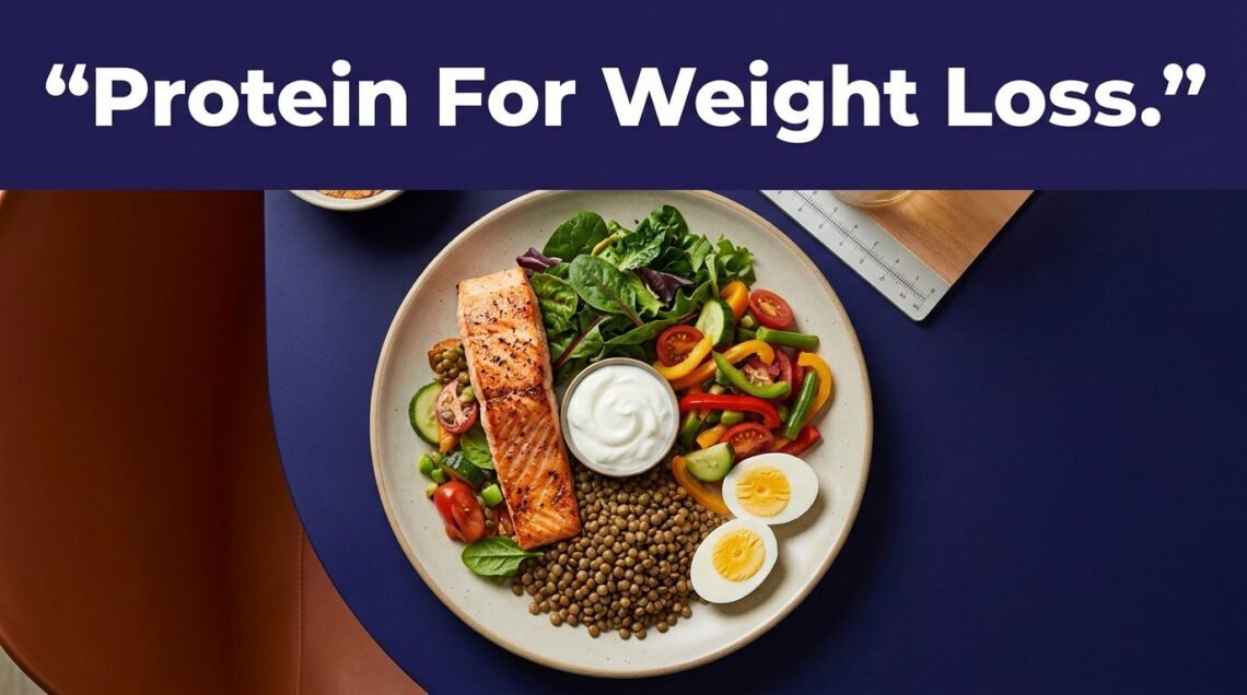 An overhead view of a balanced high protein meal on a plate with a measuring scale.