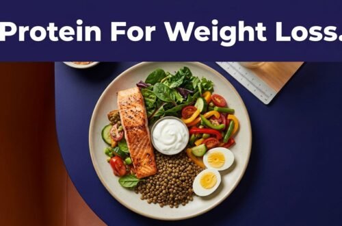 An overhead view of a balanced high protein meal on a plate with a measuring scale.