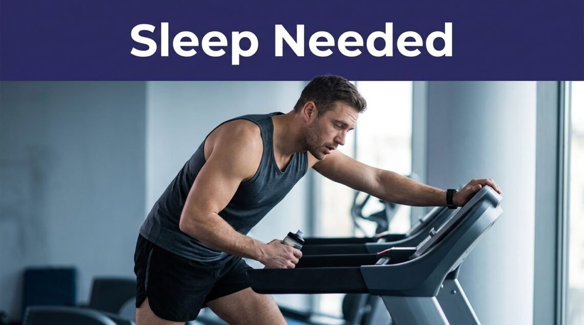 A tired male runner takes a break on a treadmill inside a gym.