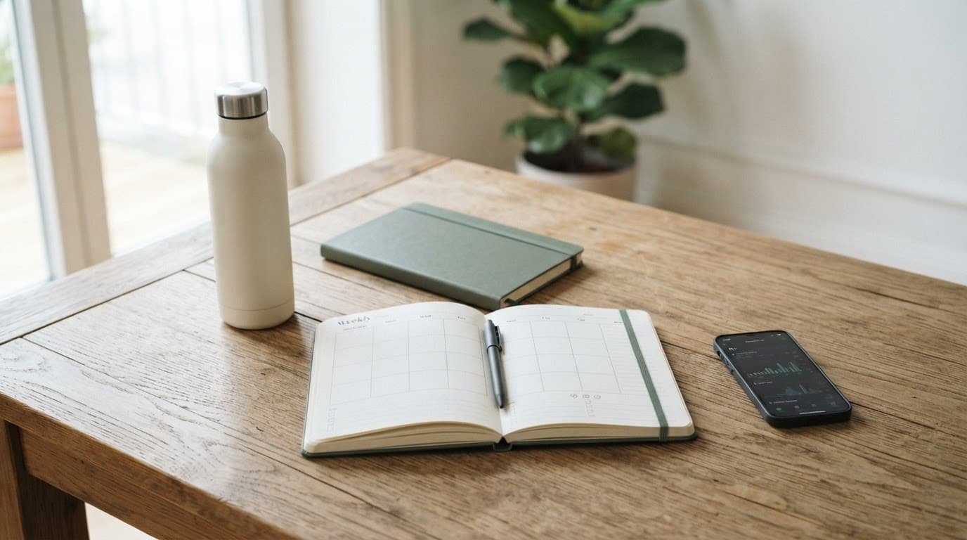A fitness journal, water bottle, and smartphone resting on a wooden table.