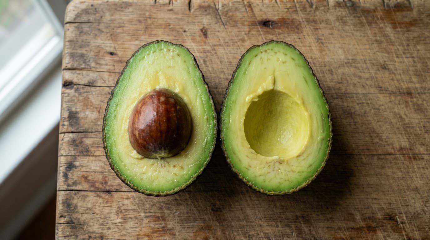 An avocado cut in half with a pit resting on a rustic wooden board.