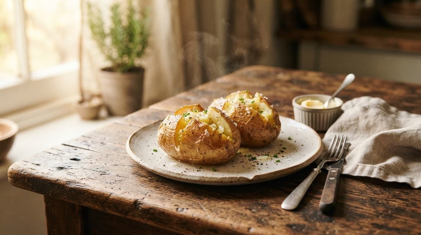 Golden baked potatoes served on a rustic wooden table in natural light.