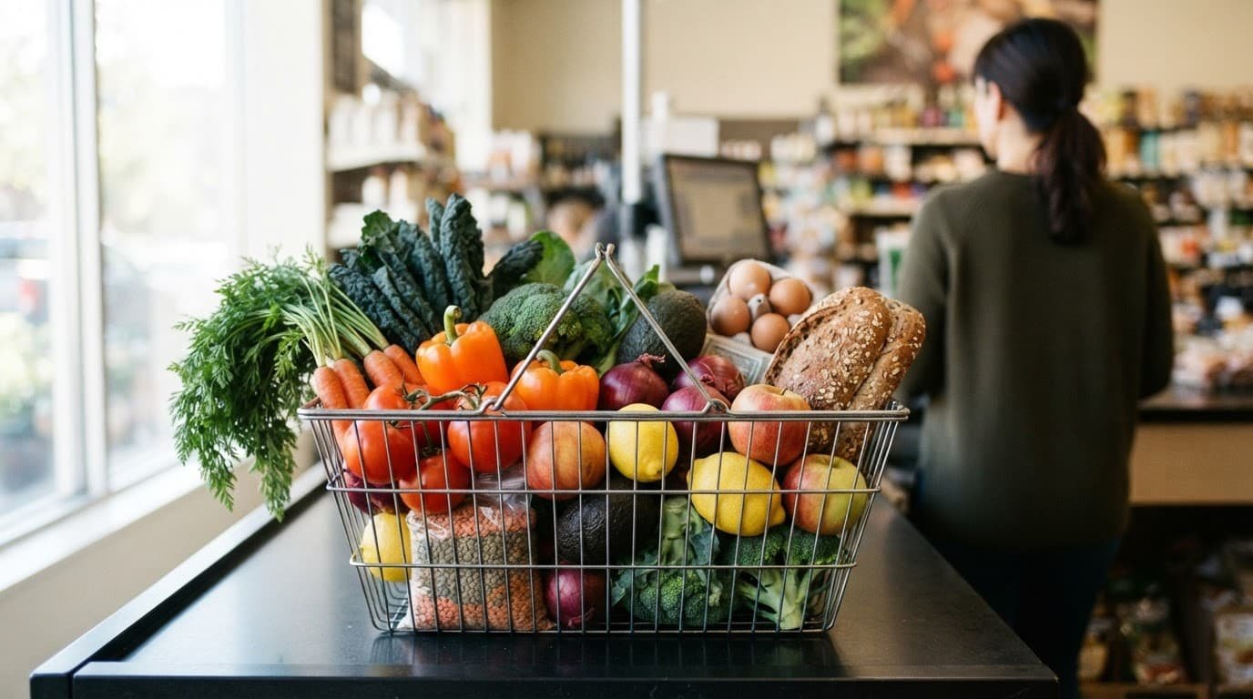 A wire basket full of colorful vegetables resting on a bright store counter.